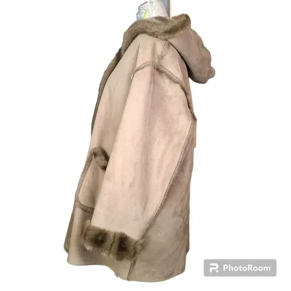 Vintage Dennis Basso Size 1X Tan Brown Reversible Faux Suede/Fur Penny Lane Coat